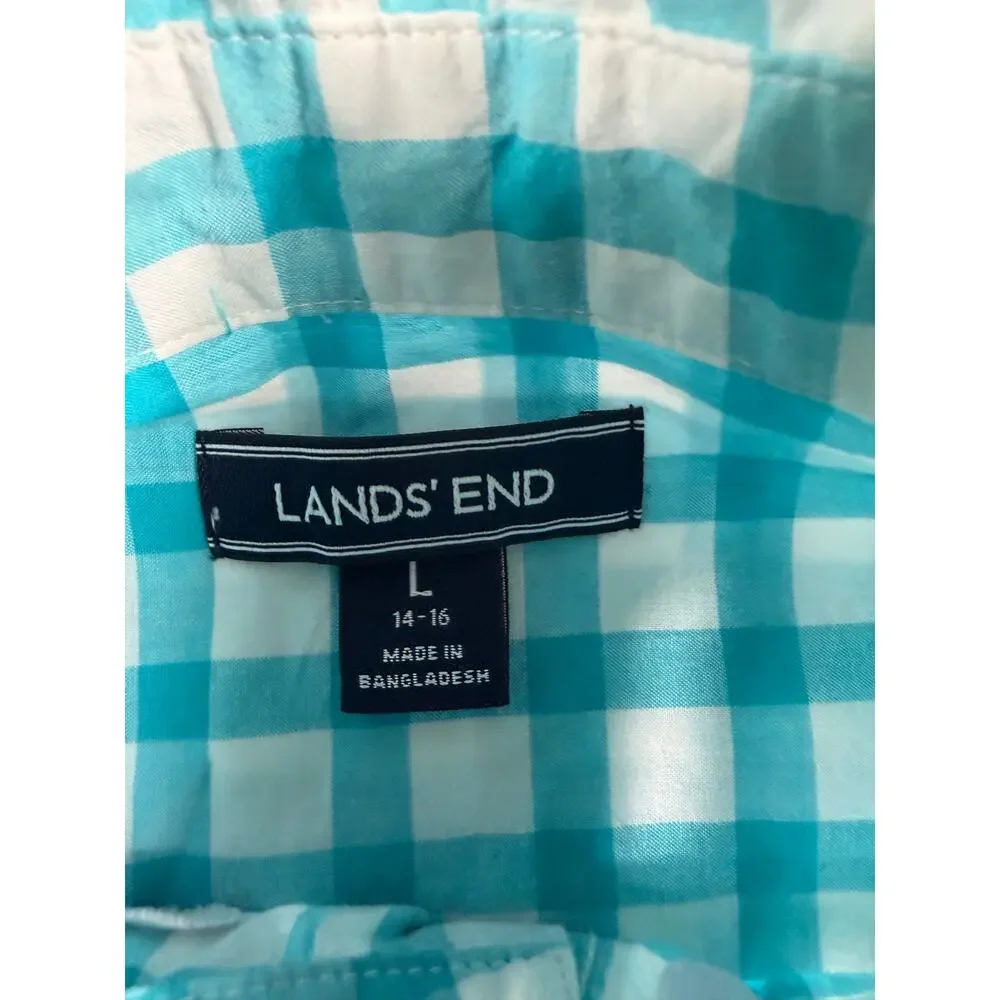 Lands’ End Gingham Button Down Shirt Aqua White Boys Size 14-16 (Large)